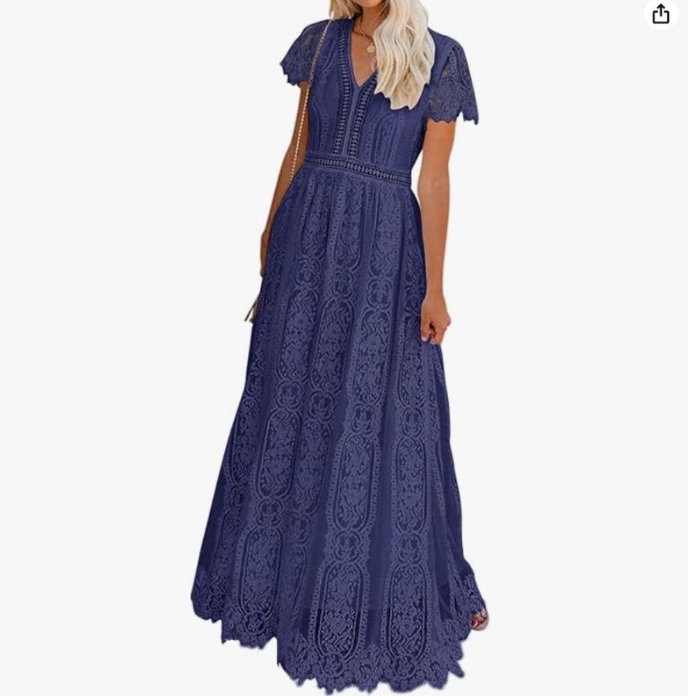 *MEROKEETY V Neck Short Sleeve Floral Lace Bridesmaid Cocktail Dress (Navy, S)